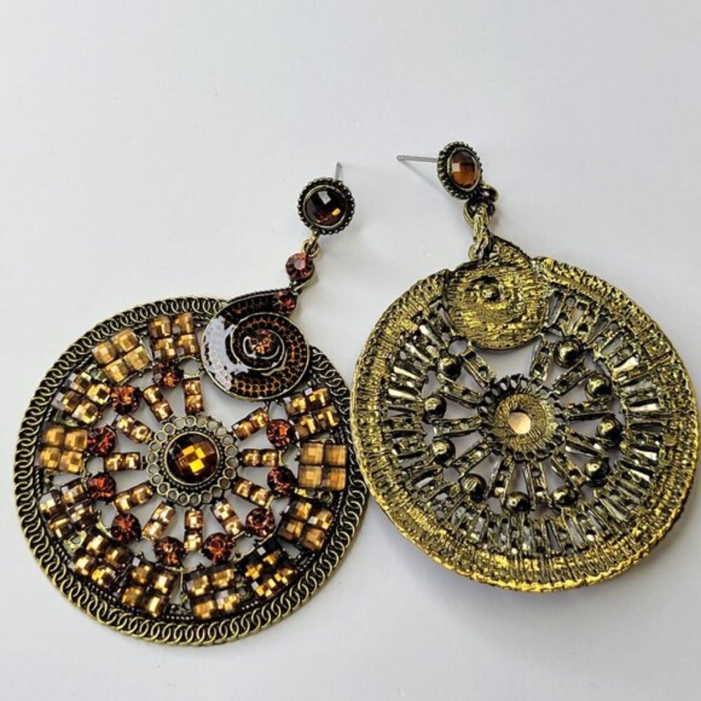 Amber Brown Rhinestone Circular Statement Earrings - image 4